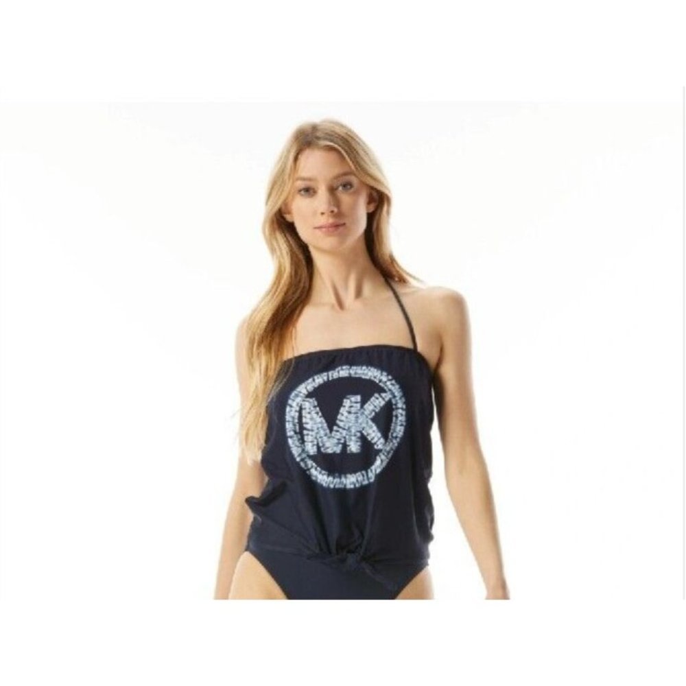 NEW Michael Michael Kors Tie Front Tankini Top Size M Shibori Logo Blue